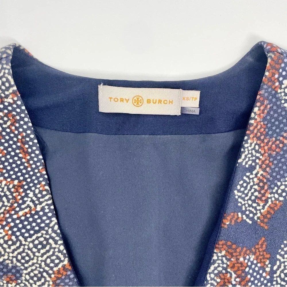 Tory‎ Burch Calico Pixelated Blue Neutral V-Neck Floral Fit n’ Flare Dress Sz XS